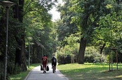 Für das Blockseminar „Kommunizierte Mobilität“ drehten Studierende der Universität Jena Werbespots zu nachhaltiger Mobilität. Hier: Zu Fuß und mit dem Rad unterwegs im Jenaer Paradiespark.  Foto: Anne Günther/FSU Für das Blockseminar „Kommunizierte Mobilität“ drehten Studierende der Universität Jena Werbespots zu nachhaltiger Mobilität. Hier: Zu Fuß und mit dem Rad unterwegs im Jenaer Paradiespark.  Foto: Anne Günther/FSU